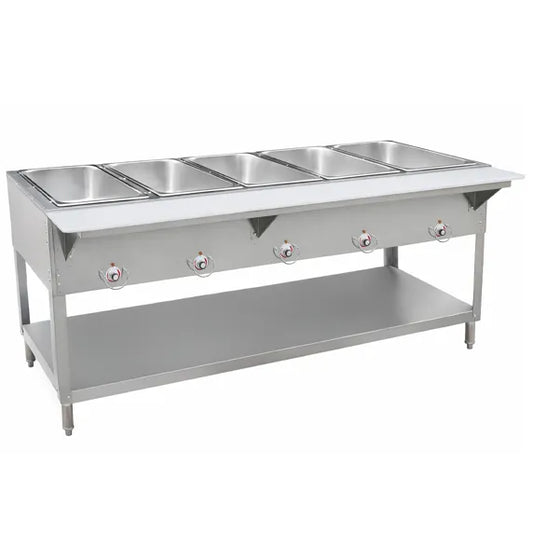 Prepline TBH25-5 72-inch five-well electric hot food steam table with undershelf, designed for commercial kitchens and buffet service. Durable stainless steel construction, 240V heating system, individual food wells for holding hot dishes at safe serving temperatures, ideal for restaurants and catering