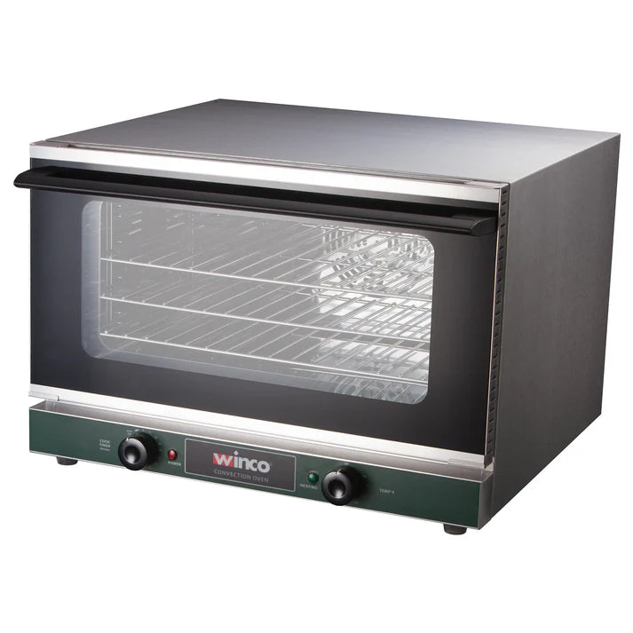 Half-Size Countertop Convection Oven 1/Pack features a spacious interior with (3) chrome wire shelves that are perfectly sized for cooking small batches of pizza, baked goods, and warm sandwiches. Thanks to its stainless steel construction, this highly durable, easy to clean countertop oven can tackle the toughest cooking needs while its dual pane tempered glass door allows you to monitor the baking progress.