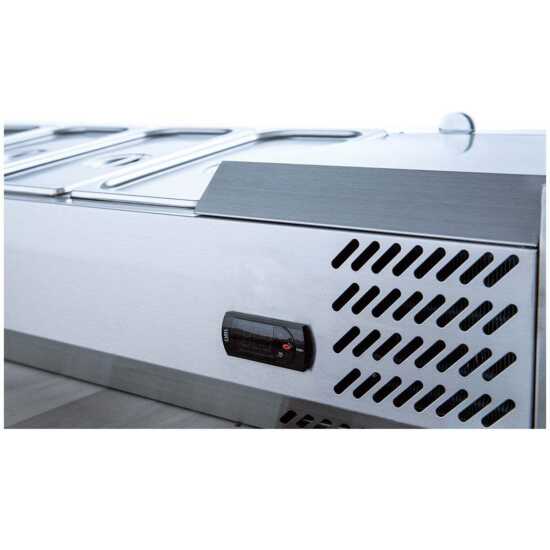 Coldline CTP48SG 48-inch refrigerated countertop salad bar with glass topping rail, featuring 4 pans. Perfect for smaller settings, this unit keeps salads and toppings fresh while offering easy visibility.