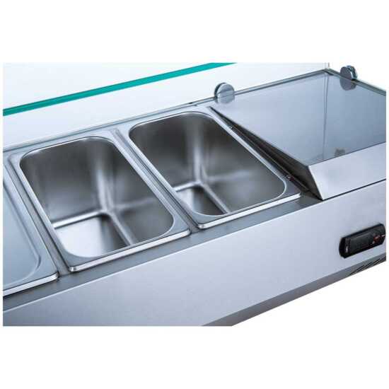 Coldline CTP48SG 48-inch refrigerated countertop salad bar with glass topping rail, featuring 4 pans. Perfect for smaller settings, this unit keeps salads and toppings fresh while offering easy visibility.