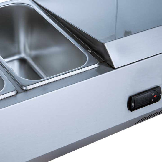 Coldline CTP80SS 80-inch refrigerated countertop salad bar with stainless steel topping rail, featuring 9 pans. Ideal for restaurants and cafeterias to keep salads and toppings fresh and chilled.