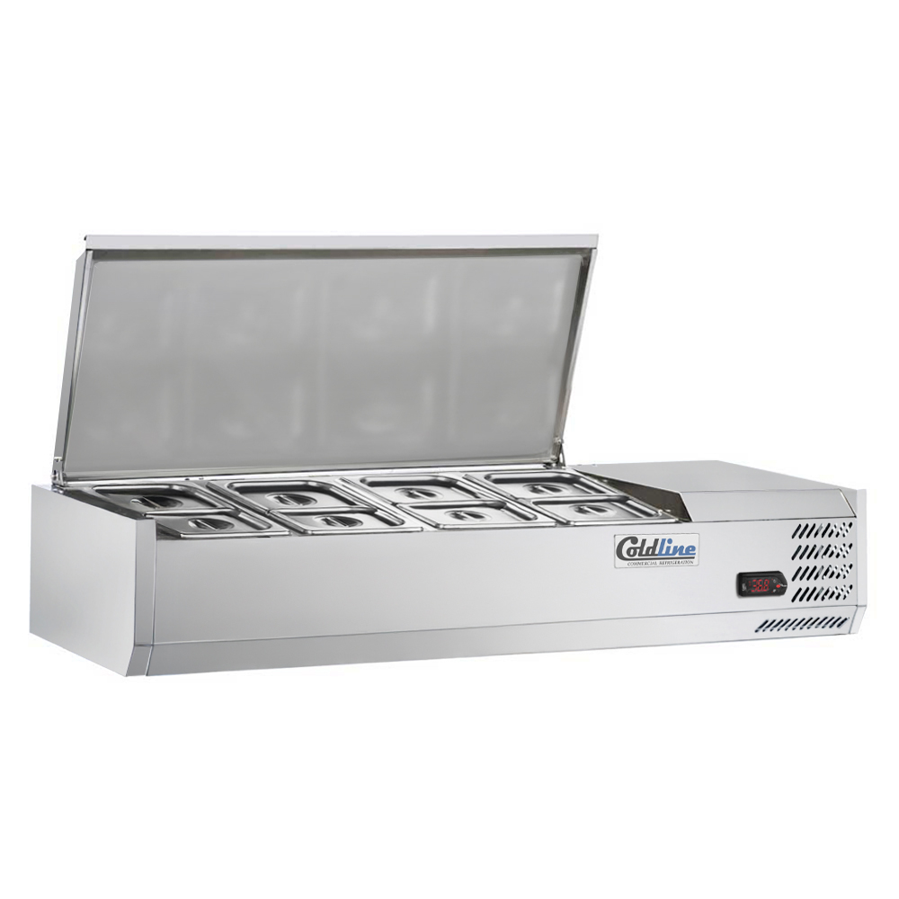 Coldline CTP48SS 48-inch refrigerated countertop salad bar with stainless steel topping rail, featuring 4 pans. Designed for compact storage and to keep salads and toppings fresh in restaurants or cafeterias.