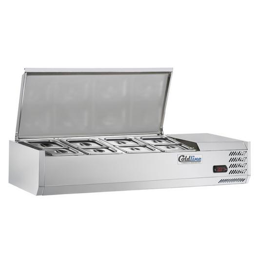 Coldline CTP48SS 48-inch refrigerated countertop salad bar with stainless steel topping rail, featuring 4 pans. Designed for compact storage and to keep salads and toppings fresh in restaurants or cafeterias.
