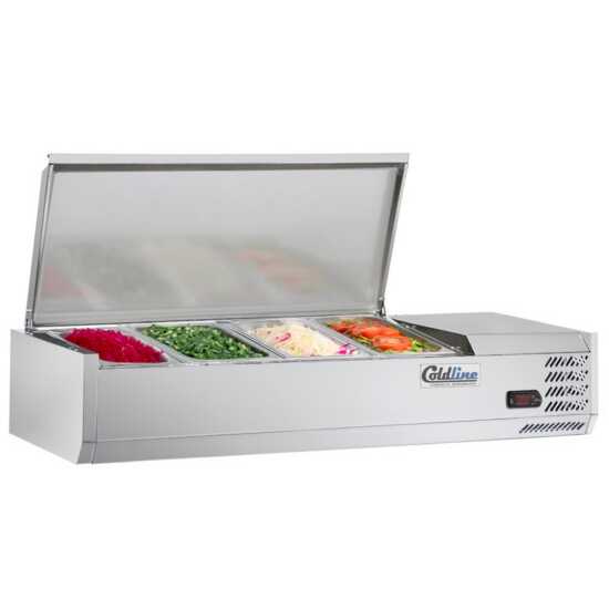 Coldline CTP48SS 48-inch refrigerated countertop salad bar with stainless steel topping rail, featuring 4 pans. Designed for compact storage and to keep salads and toppings fresh in restaurants or cafeterias.