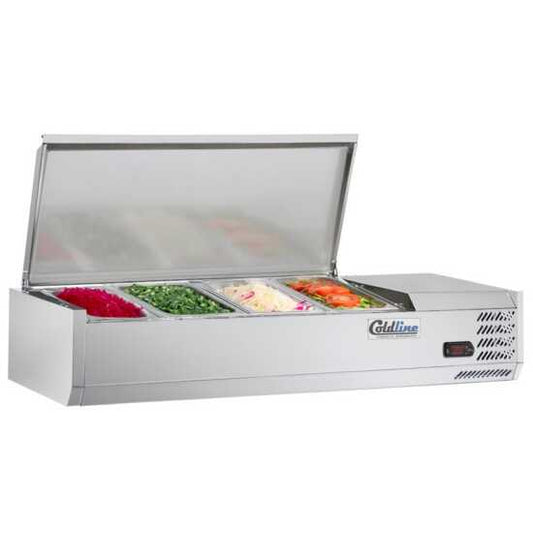 Coldline CTP48SS 48-inch refrigerated countertop salad bar with stainless steel topping rail, featuring 4 pans. Designed for compact storage and to keep salads and toppings fresh in restaurants or cafeterias.