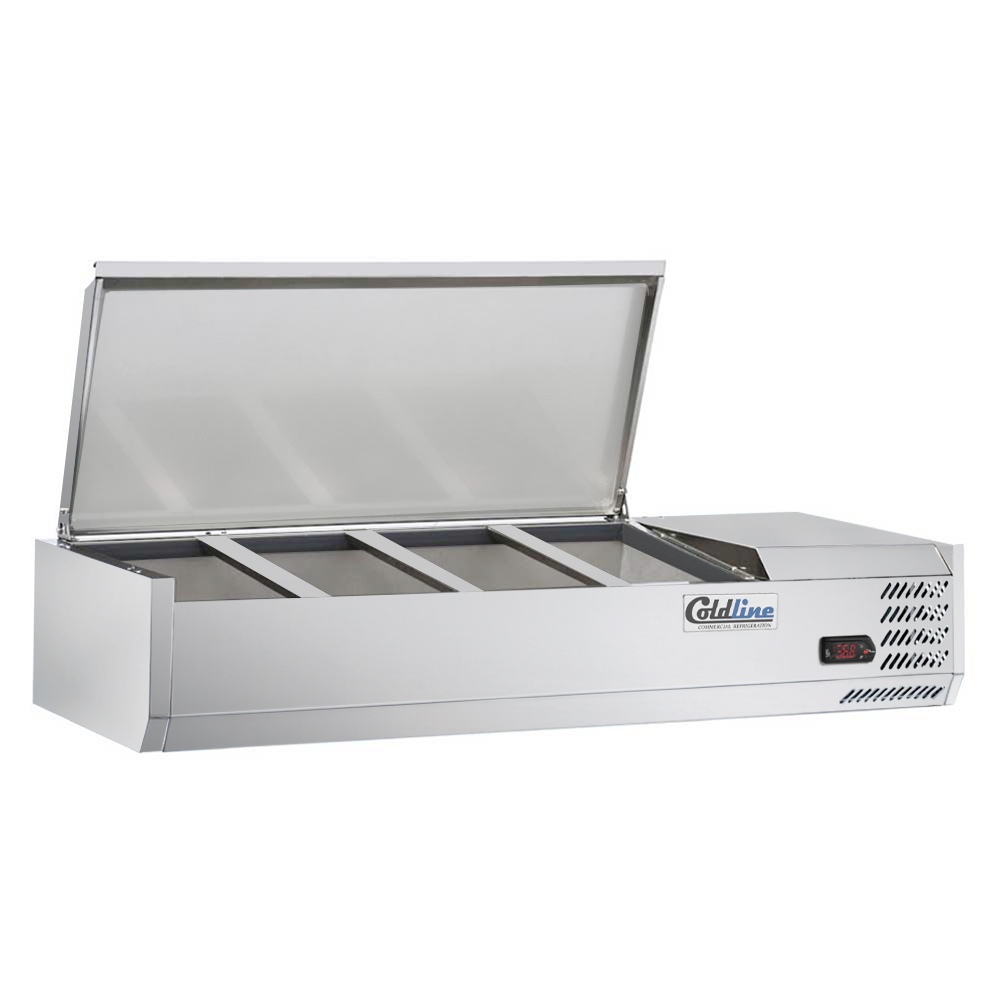 Coldline CTP48SS 48-inch refrigerated countertop salad bar with stainless steel topping rail, featuring 4 pans. Designed for compact storage and to keep salads and toppings fresh in restaurants or cafeterias.