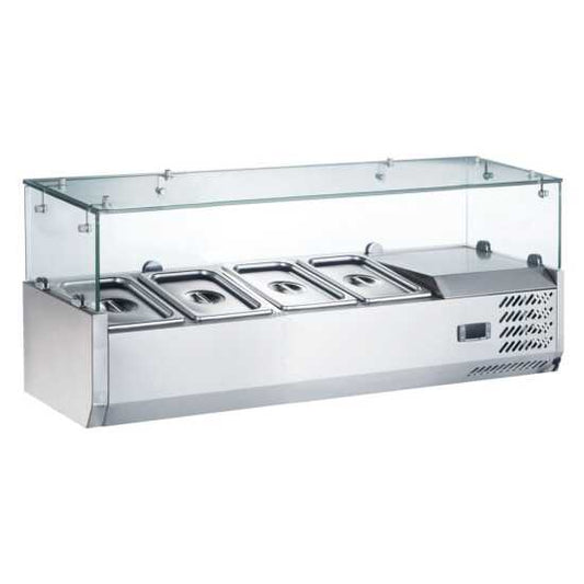 Coldline CTP48SG 48-inch refrigerated countertop salad bar with glass topping rail, featuring 4 pans. Perfect for smaller settings, this unit keeps salads and toppings fresh while offering easy visibility.
