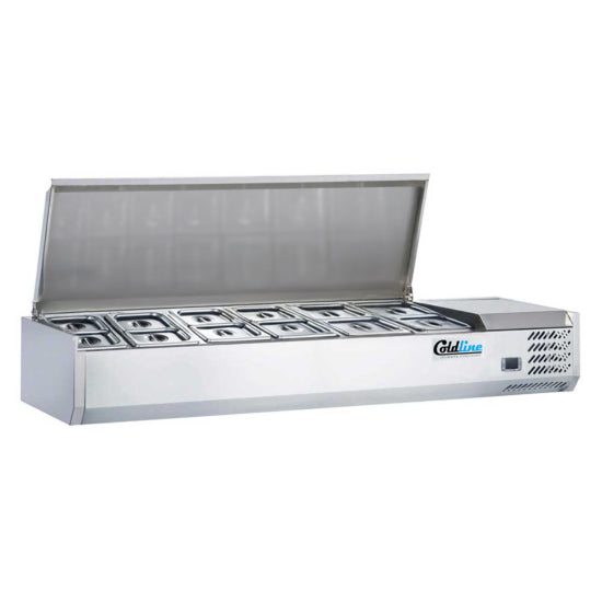 Coldline CTP60SS 60-inch refrigerated countertop salad bar with stainless steel topping rail, featuring 6 pans. Ideal for keeping salads, toppings, and ingredients fresh in restaurants or cafeterias.