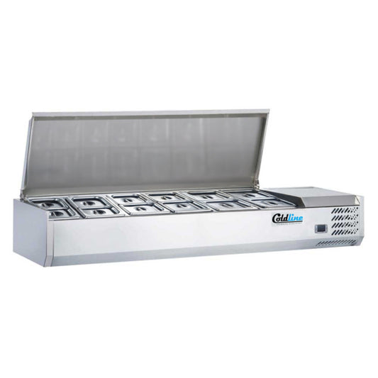 Coldline CTP60SS 60-inch refrigerated countertop salad bar with stainless steel topping rail, featuring 6 pans. Ideal for keeping salads, toppings, and ingredients fresh in restaurants or cafeterias.