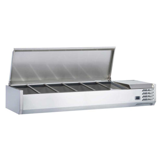 Coldline CTP60SS 60-inch refrigerated countertop salad bar with stainless steel topping rail, featuring 6 pans. Ideal for keeping salads, toppings, and ingredients fresh in restaurants or cafeterias.
