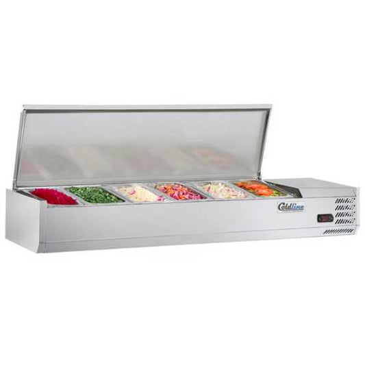 Coldline CTP60SS 60-inch refrigerated countertop salad bar with stainless steel topping rail, featuring 6 pans. Ideal for keeping salads, toppings, and ingredients fresh in restaurants or cafeterias.