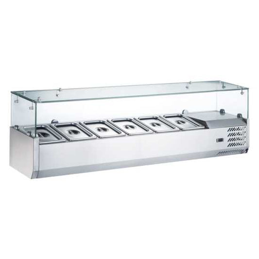 Coldline CTP60SG 60-inch refrigerated countertop salad bar with glass topping rail, featuring 6 pans. Perfect for displaying and chilling fresh salads and toppings in restaurants or cafeterias.