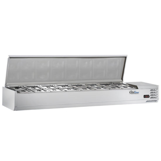 Coldline CTP70SS 71-inch refrigerated countertop salad bar with stainless steel topping rail, featuring 8 pans. Perfect for keeping salads, toppings, and ingredients fresh in restaurants or cafeterias.
