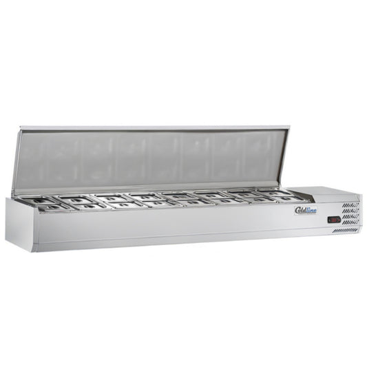 Coldline CTP70SS 71-inch refrigerated countertop salad bar with stainless steel topping rail, featuring 8 pans. Perfect for keeping salads, toppings, and ingredients fresh in restaurants or cafeterias.