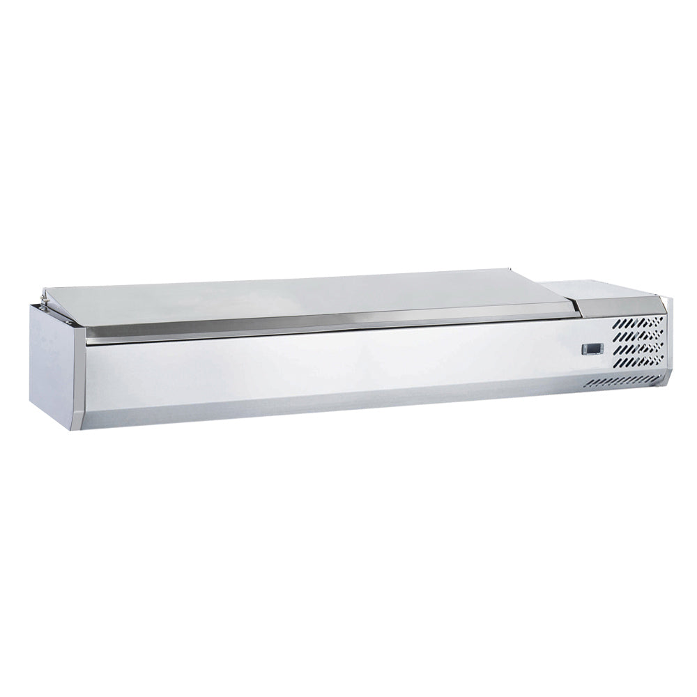 Coldline CTP70SS 71-inch refrigerated countertop salad bar with stainless steel topping rail, featuring 8 pans. Perfect for keeping salads, toppings, and ingredients fresh in restaurants or cafeterias.