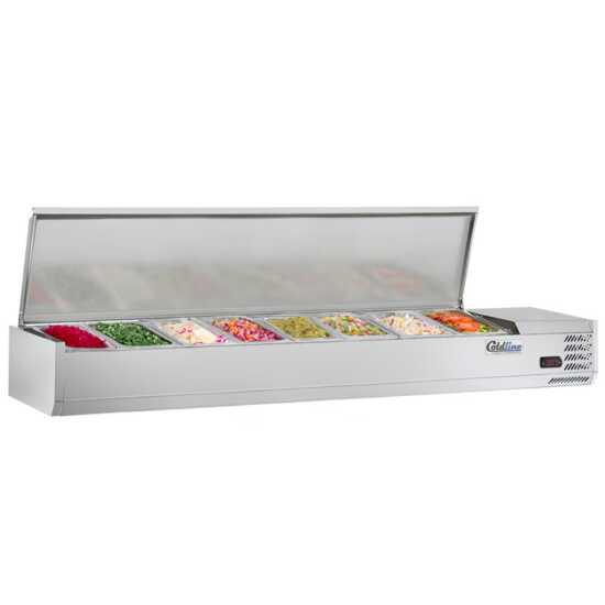 Coldline CTP70SS 71-inch refrigerated countertop salad bar with stainless steel topping rail, featuring 8 pans. Perfect for keeping salads, toppings, and ingredients fresh in restaurants or cafeterias.
