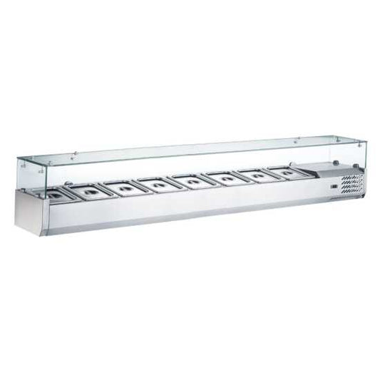 Coldline CTP70SG 71-inch refrigerated countertop salad bar with glass topping rail, featuring 8 pans. Designed for restaurants and cafeterias to keep salads and toppings fresh and easily visible.