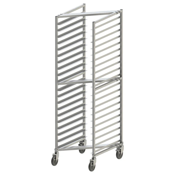 (Knock Down, Welded) Sheet Pan Rack 1/Pack designed with space-saving in mind, the Z-rack fits snugly with nesting racks to conserve floor space while in storage. The Z-rack accommodates standard full-size sheet pans, or double up with half-size pans. Combining durability and convenience, this sheet pan rack features an exceptionally durable aluminum structure and full-swivel casters with brake for easy transport. Perfect for use in restaurants and bakeries.