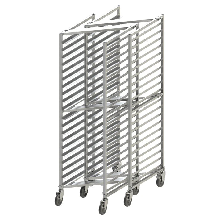 (Knock Down, Welded) Sheet Pan Rack 1/Pack designed with space-saving in mind, the Z-rack fits snugly with nesting racks to conserve floor space while in storage. The Z-rack accommodates standard full-size sheet pans, or double up with half-size pans. Combining durability and convenience, this sheet pan rack features an exceptionally durable aluminum structure and full-swivel casters with brake for easy transport. Perfect for use in restaurants and bakeries.