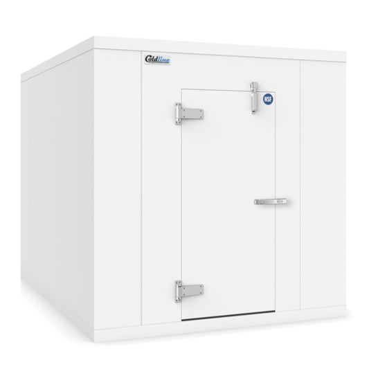 Coldline 8 × 12 walk-in freezer box with insulated floor, featuring 4-inch thick polyurethane panels, corrosion-resistant metal exterior, and a heavy-duty self-closing door with door heater. Built for dependable frozen storage in commercial kitchens, grocery stores, and industrial foodservice operations.
