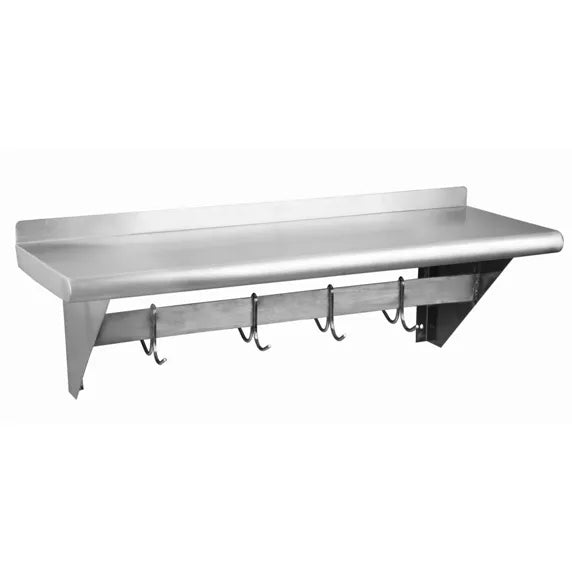 Prepline PWS-1448-PR stainless steel wall-mount shelf with integrated pot rack, 14-inch depth and 48-inch length. Commercial kitchen storage shelf with durable brushed steel finish, mounted on wall with hanging bar and hooks for pots, pans, and utensils.