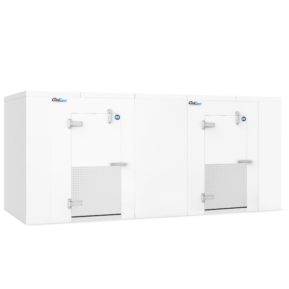 Coldline 8 x 16 walk-in cooler and freezer combo box with floor for dual-temperature food storage in restaurants grocery stores and commercial kitchens