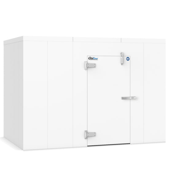 A Coldline 10 x 10 walk-in refrigerator cooler box designed for commercial use. Features a spacious interior with durable, insulated walls and a secure door, ensuring consistent cooling and efficient food storage and preservation in professional kitchen environments.