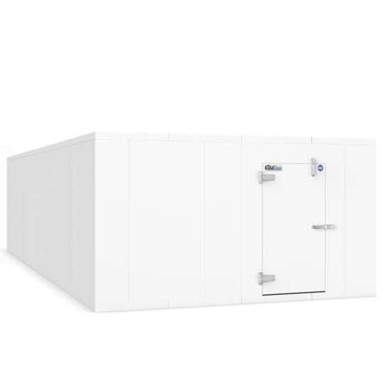 Coldline 14 × 20 walk-in freezer box with insulated floor, featuring 4-inch thick high-density polyurethane panels, a corrosion-resistant steel exterior, and a self-closing, heated door with cam-lock assembly. Perfect for extra-large frozen storage capacity in commercial kitchens, foodservice facilities, and warehouses.
