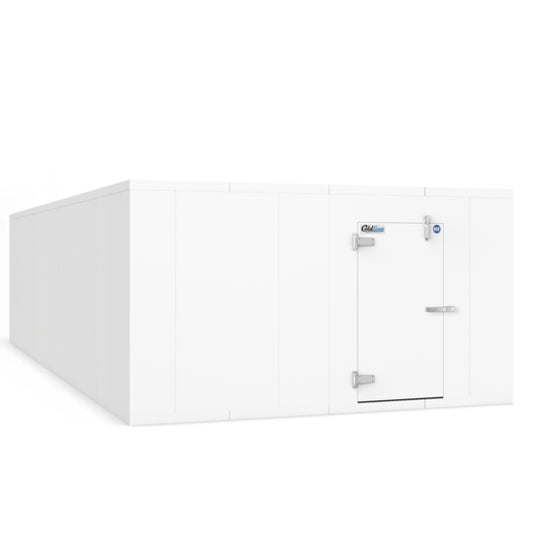 Coldline 14 × 20 walk-in freezer box with insulated floor, featuring 4-inch thick high-density polyurethane panels, a corrosion-resistant steel exterior, and a self-closing, heated door with cam-lock assembly. Perfect for extra-large frozen storage capacity in commercial kitchens, foodservice facilities, and warehouses.