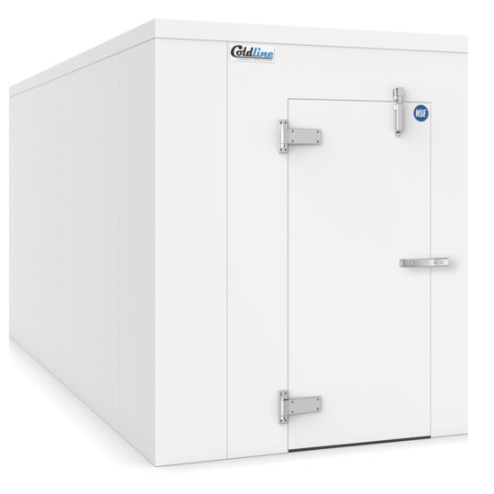 A Coldline 6 x 10 walk-in refrigerator cooler box for commercial use. Features a spacious interior, durable insulated walls, and a secure door to maintain consistent temperatures. Ideal for reliable food storage and preservation in professional environments.