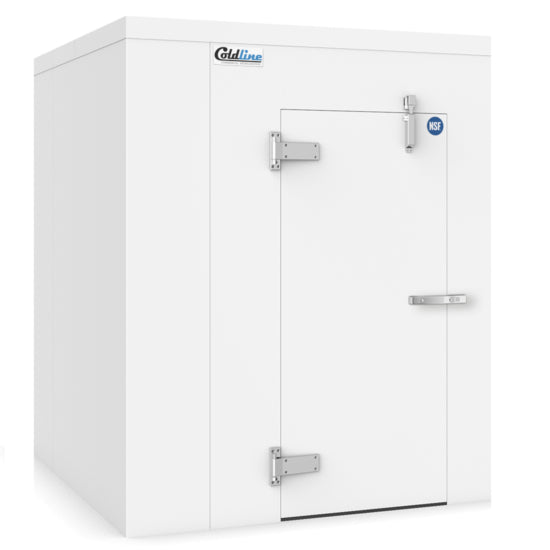 A Coldline 6 x 6 walk-in refrigerator cooler box, designed for commercial use. Provides ample refrigerated storage with reliable cooling performance. Features a durable structure, insulated walls, and easy-access door for efficient temperature management and food preservation.