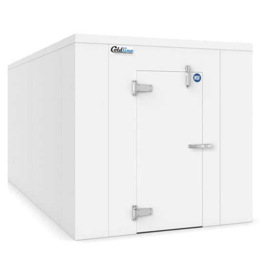 A Coldline 8 x 12 walk-in refrigerator cooler box designed for commercial kitchens. Offers a large interior, durable insulated walls, and a secure door to maintain consistent cooling. Perfect for efficient food storage and preservation in professional environments.