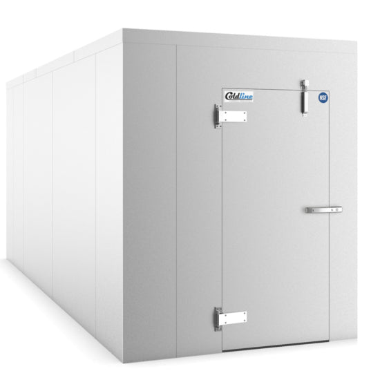 A Coldline 6 x 10 walk-in refrigerator cooler box with stainless steel construction, designed for commercial kitchens. Offers a spacious, durable interior with insulated walls and a secure door, ensuring reliable temperature control for efficient food storage and preservation.