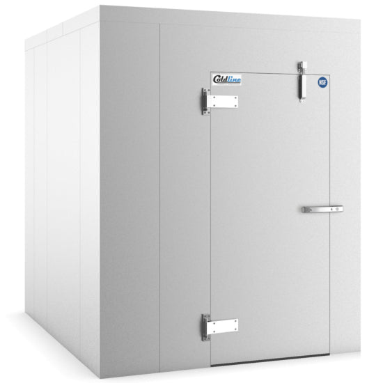 A Coldline 6 x 8 walk-in refrigerator cooler box with stainless steel construction, designed for commercial kitchens. Features durable, insulated walls and a secure door, ensuring consistent temperature control for efficient food storage and preservation in professional settings.