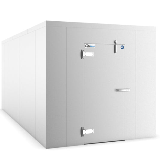 A Coldline 8 x 10 walk-in refrigerator cooler box with stainless steel construction, ideal for commercial kitchens. Features a spacious, insulated interior and a secure door, ensuring reliable temperature control for efficient food storage and preservation in professional environments.