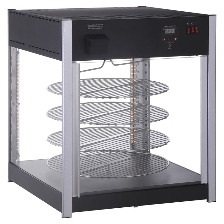 Electric Display Merchandiser 1/Pack holds (4) 18” pizza pans. The racks rotate to ensure even heating. A temperature control knob allows for precise adjustments for a temperature range of 89°F to 194°F. The pizza warmer has a black powder-coated exterior and stainless steel interior. Clear view tempered glass on all sides ensure an appetizing appearance from any angle. A rear door quickly opens and closes minimizing temperature fluctuations. LED lights illuminate the interior ensuring high visibility.