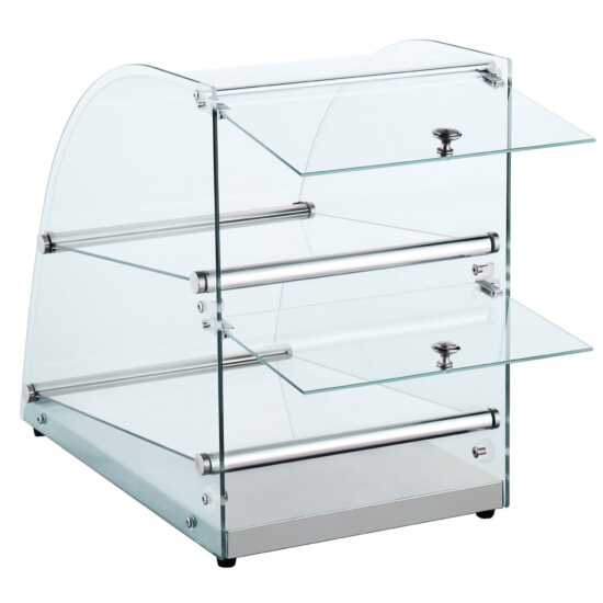 Marchia CA70 Curved Glass Dry Countertop Food Display Case, ideal for presenting baked goods, pastries, and snacks with style and visibility in cafes, bakeries, and food service establishments.