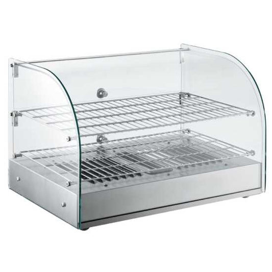 Marchia HCA45 22" curved glass countertop hot food display warmer, designed for keeping food warm and ready to serve, perfect for showcasing hot snacks, sandwiches, and more in cafés or convenience stores.