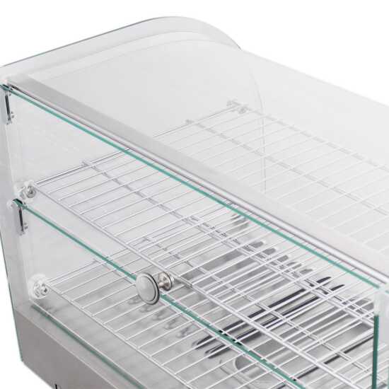 Marchia HCA45 22" curved glass countertop hot food display warmer, designed for keeping food warm and ready to serve, perfect for showcasing hot snacks, sandwiches, and more in cafés or convenience stores.