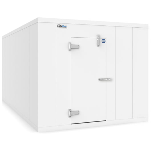 Coldline 10 × 20 walk-in freezer box with insulated floor, featuring 4-inch thick high-density polyurethane panels, a corrosion-resistant steel exterior, and a self-closing heated door with cam-lock system. Ideal for large-scale frozen storage in commercial and industrial foodservice environments.