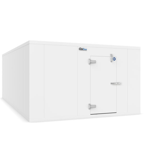 A Coldline 12 x 12 walk-in freezer box with a durable built-in floor, designed for commercial kitchens. Offers a large interior with insulated walls and a secure door, providing reliable low-temperature control for efficient frozen food storage and preservation in high-demand environments.