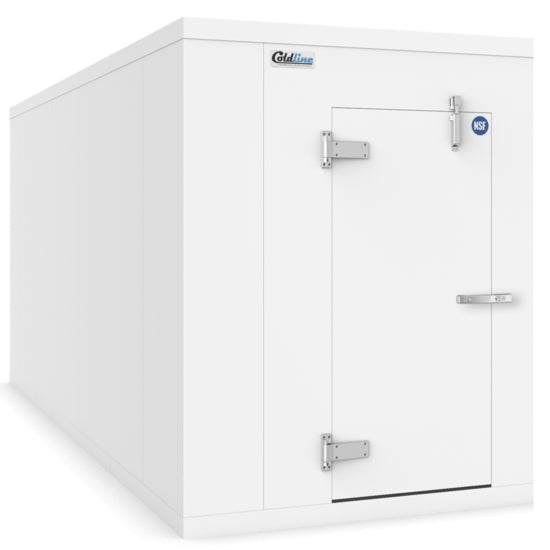 A Coldline 6 x 12 walk-in freezer box with a durable floor, designed for commercial use. Features a spacious interior, insulated walls, and a secure door, ensuring consistent low temperatures for reliable frozen storage and food preservation in professional kitchens.