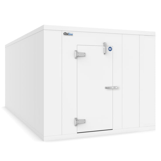 A Coldline 10 x 20 walk-in freezer box with a durable built-in floor, ideal for commercial kitchens. Provides a spacious interior with insulated walls and a secure door, ensuring consistent low-temperature control for efficient frozen food storage and preservation in professional environments.