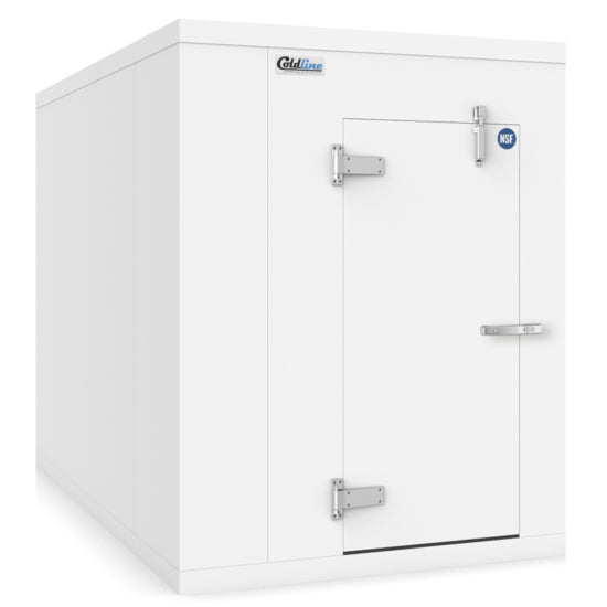 A Coldline 6 x 6 walk-in freezer box with a durable floor, designed for commercial use. Provides compact yet efficient frozen storage with insulated walls and a secure door, ensuring consistent low temperatures for reliable food preservation in professional kitchens.