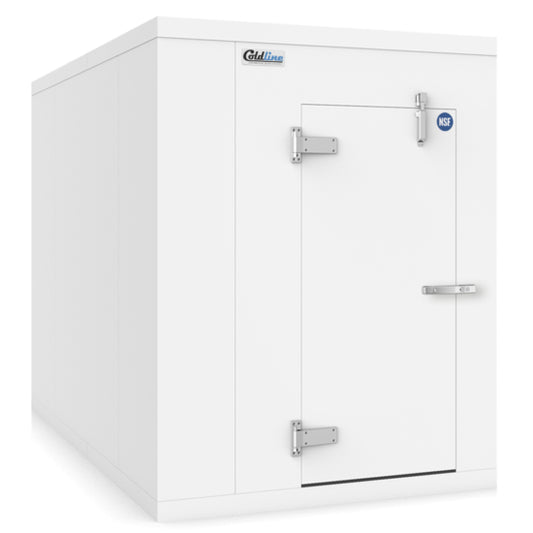 Coldline 6 x 6 walk-in freezer box with floor, featuring insulated metal panels, secure door with handle, and compact design for commercial cold storage in restaurants or food businesses.