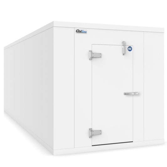 Coldline 8 × 20 walk-in freezer box with insulated floor, constructed with 4-inch thick polyurethane panels and corrosion-resistant steel exterior. Features a self-closing heated door and cam-lock assembly, designed for efficient and secure commercial frozen storage.