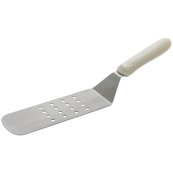 Perforated Flexible Turner w/ Offset 12/Pack designed with meticulously placed holes on its surface, allows excess oil to drip off while its rounded edges allow it to slide easily under omelets, pancakes, and french toast. Thanks to its non-slip polypropylene handle with an ergonomic design, this item fits comfortably in your hand for a secure grip. Perfect for lifting and serving oily foods like burgers and sausages from the grill. This model is also dishwasher safe and NSF listed.