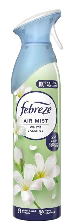 Febreze White Jasmine air freshener spray, 185 ml, removes odors and leaves a light, floral jasmine scent.