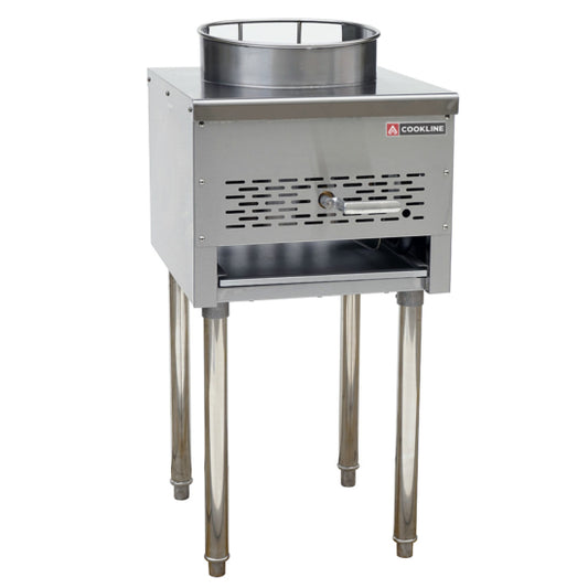 Commercial single-ring wok range with a powerful 95,000 BTU jet burner, designed for high-heat stir-frying in busy kitchens. Features a 13" wok ring, heavy-duty stainless steel body, standing pilot ignition, gradual slope design to reduce spills, crumb tray, and included gas regulator. Natural gas model with LP conversion kit included.