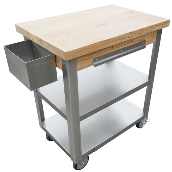Prepline 20" x 30" stainless steel utility trolley cart with a sturdy wood top and undershelves. Designed for durability and versatility, it’s perfect for transporting, organizing, or prepping items in commercial kitchens, restaurants, or workshops.